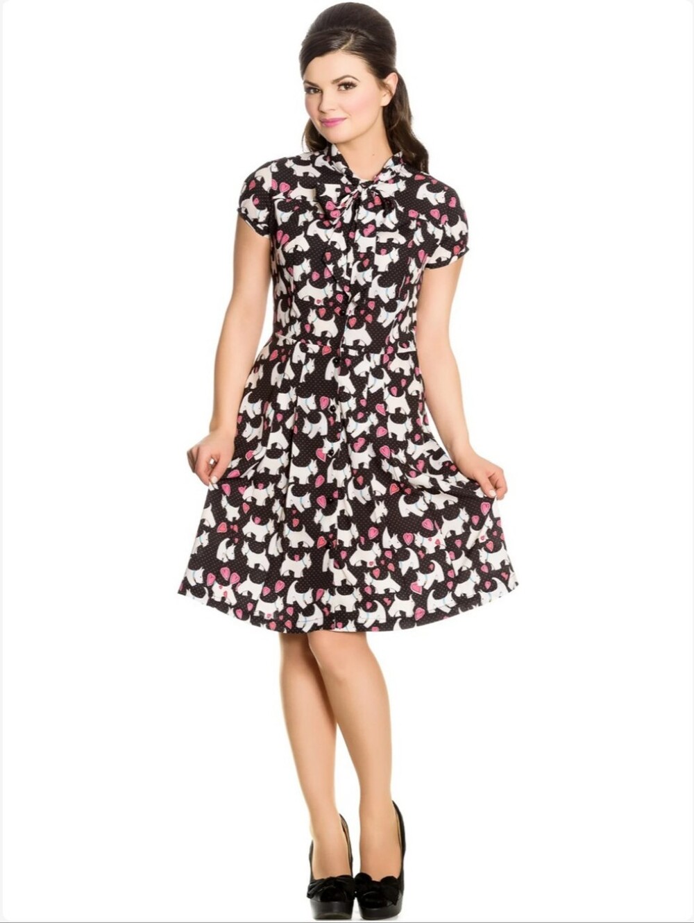 Hell Bunny Black and White Polka Dot Scottie Dog Dress